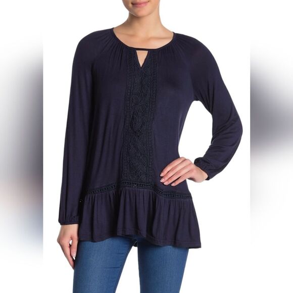 Forgotten Grace Crochet Trim Blouse in Navy Blue - Picture 1 of 8
